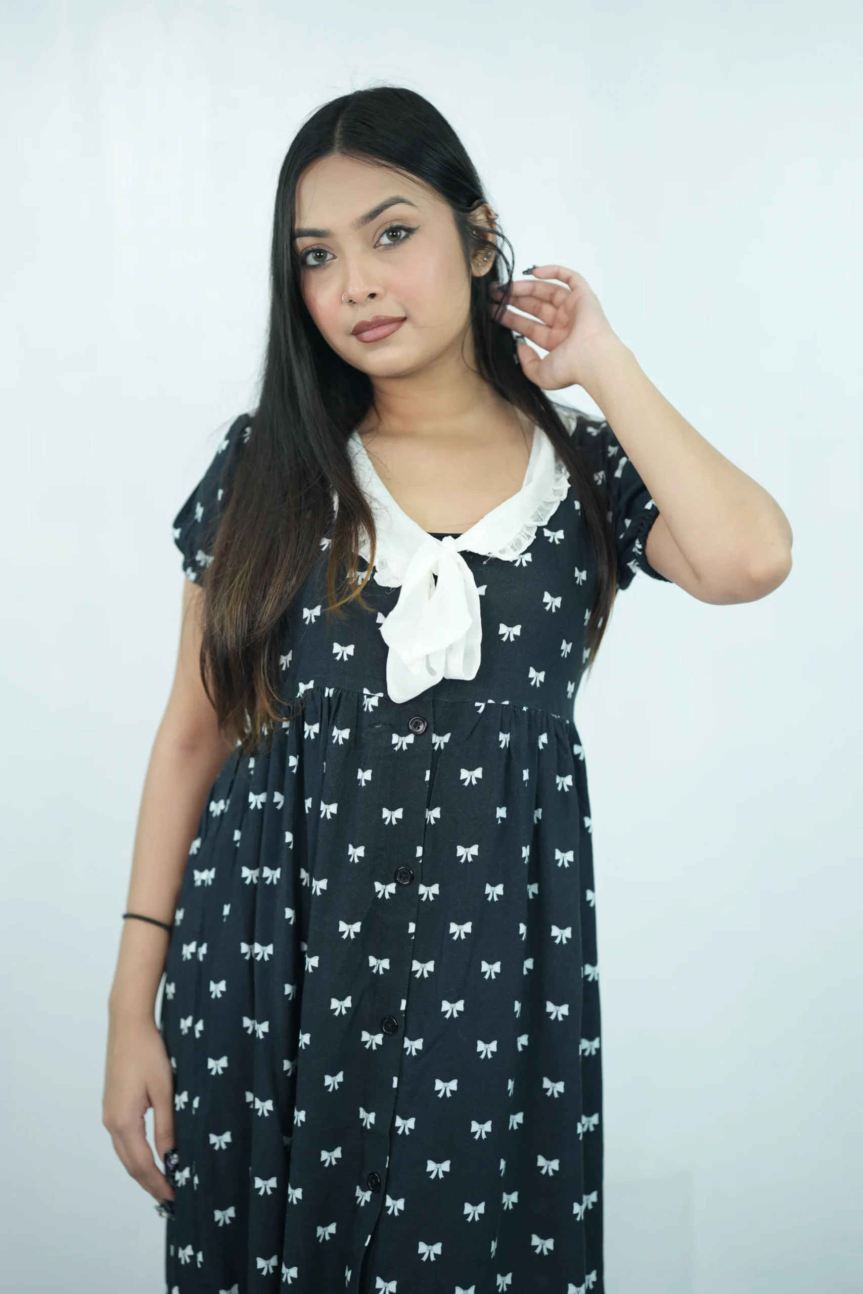 Bow Printed Midi Dress With Collar