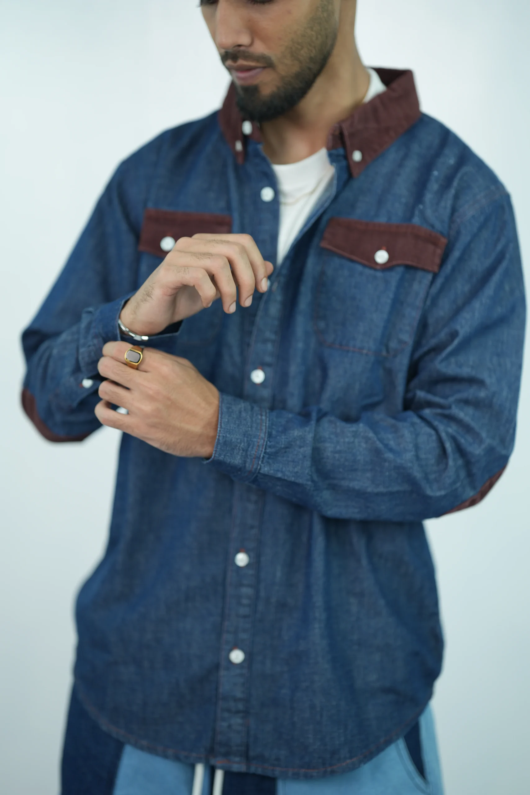 Denim Patchwork Shirt With Corduroy Accents
